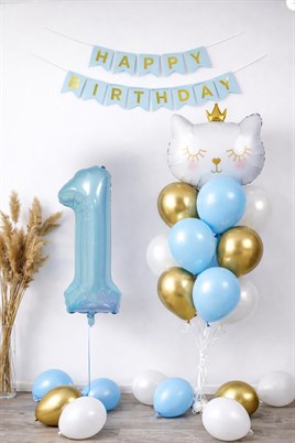 1 Yaş Kedi Temalı Doğum Günü Balon Seti – Mavi Gold Konsept