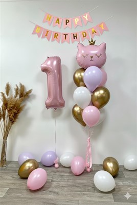 1 Yaş Kedi Temalı Doğum Günü Balon Seti – Pembe Gold Konsept