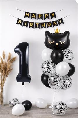 1 Yaş Kedi Temalı Doğum Günü Balon Seti – Siyah Konsept