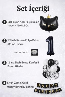 1 Yaş Kedi Temalı Doğum Günü Balon Seti – Siyah Konsept