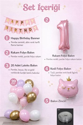 1 Yaş Kedi Temalı Doğum Günü Balon Seti – Pembe Gold Konsept
