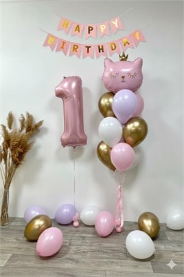 1 Yaş Kedi Temalı Doğum Günü Balon Seti – Pembe Gold Konsept