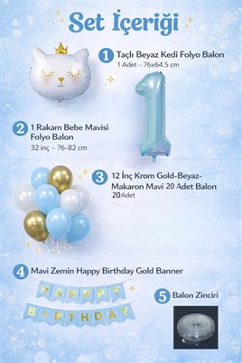 1 Yaş Kedi Temalı Doğum Günü Balon Seti – Mavi Gold Konsept