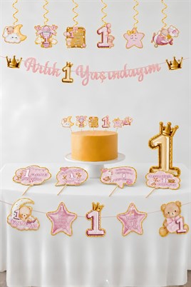 1 Yaş Kız Bebek Parti Seti Pembe Ayıcık Temalı – Artık 1 Yaşındayım Doğum Günü Süsleri