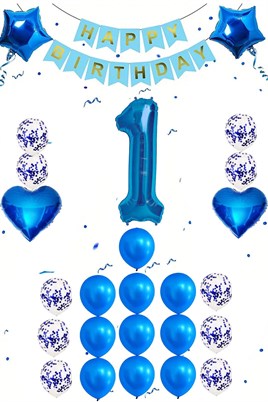 1 Yaş Mavi Konsept Doğum Günü Seti;  Kalp Yıldız Folyo Balon Set