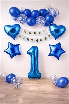 1 Yaş Mavi Konsept Doğum Günü Seti;  Kalp Yıldız Folyo Balon Set