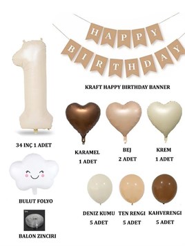 1 Yaş Retro Doğum Günü Seti; Krem Rakam Folyo, Banner, Kalp Folyo ve Lateks Balon