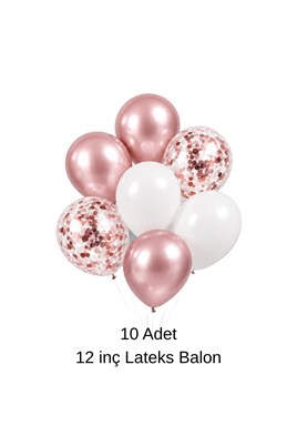 10-12 İnç Beyaz Rose Gold ve Konfetili Karışık Balon 10 Adet