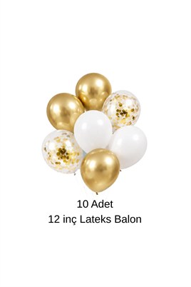 12 İnç Beyaz Gold ve Konfetili Karışık Balon 10 Adet