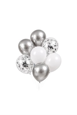 12 İnç Beyaz Gümüş ve Konfetili Karışık Balon 10 Adet