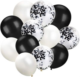 12 inc Siyah Beyaz Konfetili Balon 10 adet