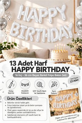 16 İnç Beyaz Happy Birthday Folyo Balon Set 