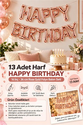 16 İnç Rose Gold Happy Birthday Folyo Balon Set 