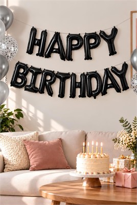 16 İnç Siyah Happy Birthday Folyo Balon Set 