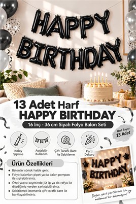 16 İnç Siyah Happy Birthday Folyo Balon Set 