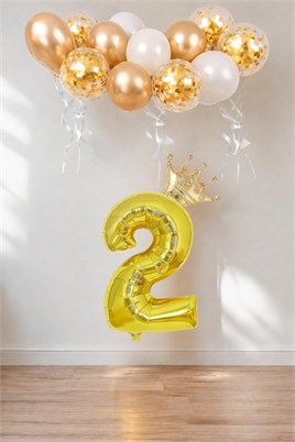 2 Rakam Gold Folyo Balon, Kral Tacı Ve Konfetili Gold Balon