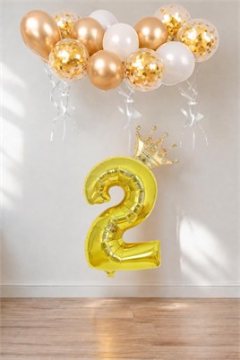 2 Rakam Gold Folyo Balon, Kral Tacı Ve Konfetili Gold Balon