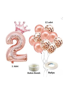 2 Rakam Rose Gold Folyo Balon, Kral Tacı Ve Konfetili Rose Gold Balon