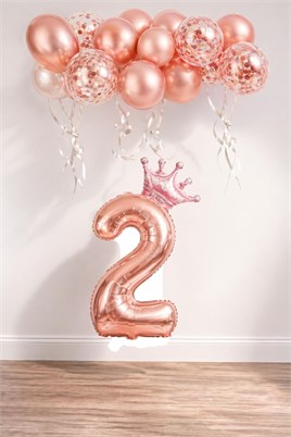 2 Rakam Rose Gold Folyo Balon, Kral Tacı Ve Konfetili Rose Gold Balon