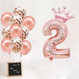 2 Rakam Rose Gold Folyo Balon, Kral Tacı Ve Konfetili Rose Gold Balon
