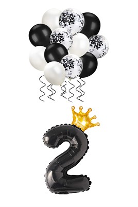2 Rakam Siyah Folyo Balon, Kral Tacı Ve Konfetili Siyah Balon Set