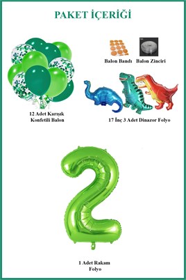 2 Yaş Dinazor Set; Rakam Folyo, 3 Adet Mini Dinazor ve 10 lu Balon
