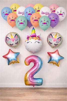 2 Yaş Gökkuşağı Konsepti Unicorn Temalı Doğum Günü Parti Kutlama Seti