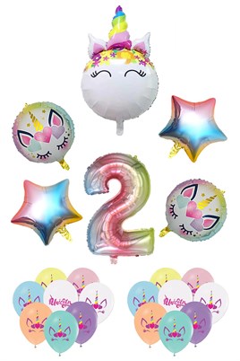 2 Yaş Gökkuşağı Konsepti Unicorn Temalı Doğum Günü Parti Kutlama Seti