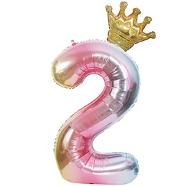 2 Yaş Gökkuşağı Rakam ve Kral Tacı Folyo Balon Doğum Günü Parti Kutlama Seti
