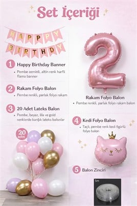 2 Yaş Kedi Temalı Doğum Günü Balon Seti – Pembe Gold Konsept