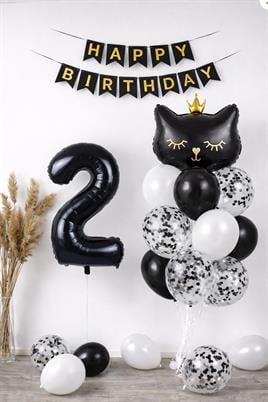 2 Yaş Kedi Temalı Doğum Günü Balon Seti – Siyah Konsept