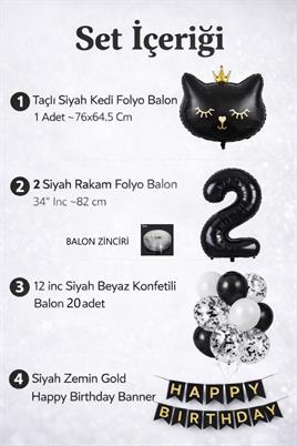 2 Yaş Kedi Temalı Doğum Günü Balon Seti – Siyah Konsept