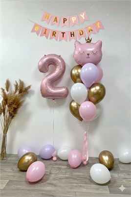 2 Yaş Kedi Temalı Doğum Günü Balon Seti – Pembe Gold Konsept