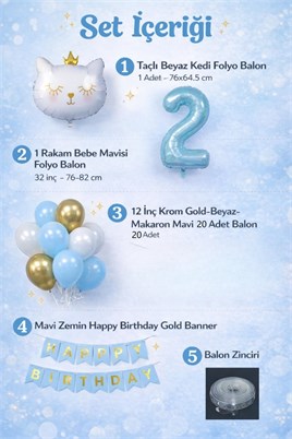 2 Yaş Kedi Temalı Doğum Günü Balon Seti – Mavi Gold Konsept