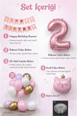 2 Yaş Kedi Temalı Doğum Günü Balon Seti – Pembe Gold Konsept