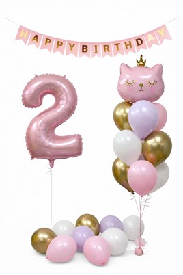 2 Yaş Kedi Temalı Doğum Günü Balon Seti – Pembe Gold Konsept