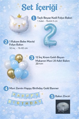 2 Yaş Kedi Temalı Doğum Günü Balon Seti – Mavi Gold Konsept