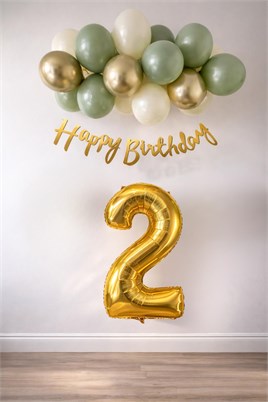 2 Yaş Küf Yeşili Deniz Kumu ve Krom Gold Balonlu Konsept  Doğum Günü Seti