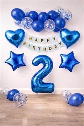 2 Yaş Mavi Konsept Doğum Günü Seti;  Kalp Yıldız Folyo Balon Set