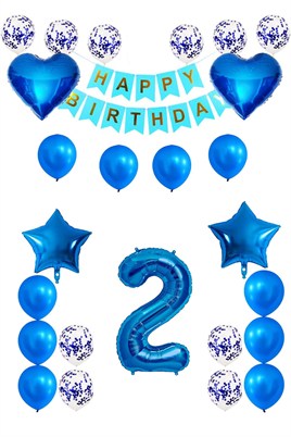 2 Yaş Mavi Konsept Doğum Günü Seti;  Kalp Yıldız Folyo Balon Set