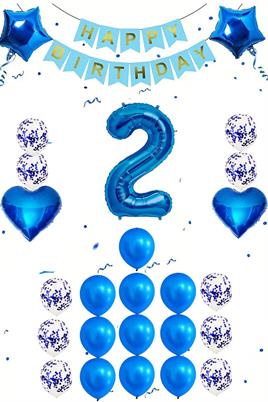 2 Yaş Mavi Konsept Doğum Günü Seti;  Kalp Yıldız Folyo Balon Set