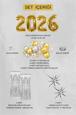 2026 Mezuniyet Parti Seti – Gold Gümüş Balon Seti Kutup Yıldızlı Konsept