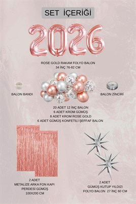 2026 Mezuniyet Parti Seti – Rose Gold Gümüş Balon Seti Kutup Yıldızlı Premium Konsept