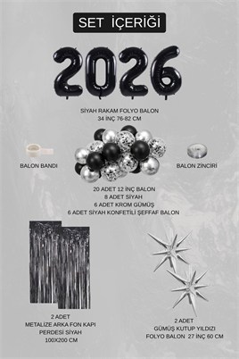 2026 Mezuniyet Parti Seti – Siyah Gümüş Balon Seti Kutup Yıldızlı Konsept