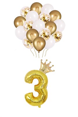 3 Rakam Gold Folyo Balon, Kral Tacı Ve Konfetili Gold Balon