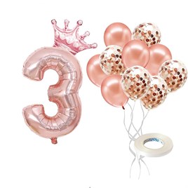 3 Rakam Rose Gold Folyo Balon, Kral Tacı Ve Konfetili Rose Gold Balon