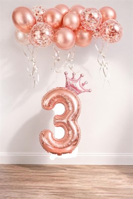 3 Rakam Rose Gold Folyo Balon, Kral Tacı Ve Konfetili Rose Gold Balon
