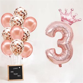 3 Rakam Rose Gold Folyo Balon, Kral Tacı Ve Konfetili Rose Gold Balon