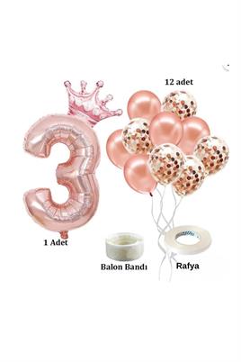 3 Rakam Rose Gold Folyo Balon, Kral Tacı Ve Konfetili Rose Gold Balon