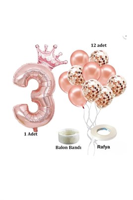 3 Rakam Rose Gold Folyo Balon, Kral Tacı Ve Konfetili Rose Gold Balon